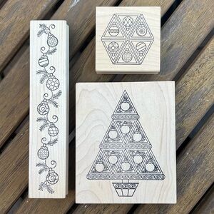 Outlines Rubber Stamp Set of 3 Christmas Tree Ornaments Wooden Stamps Holiday